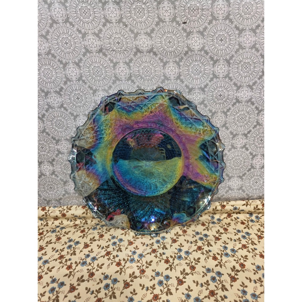 Vintage Carnival‎ Glass Bowl Iridescent Diamond Cut Scalloped Edge Serving Dish